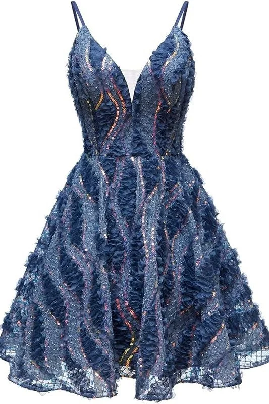 Dark Navy Sequins Spaghetti Straps V Neck Homecoming Dress Metallic Sequin Dress