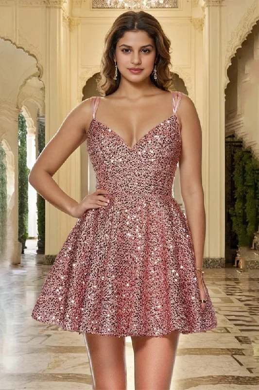 V-neck Sequin Straps A Line Homecoming Dresses Glam Sequin Dress