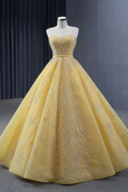 Elegant Yellow Strapless Sequins Ball Gown Lace Up Pleated Evening Dress Sequin Cocktail Gown