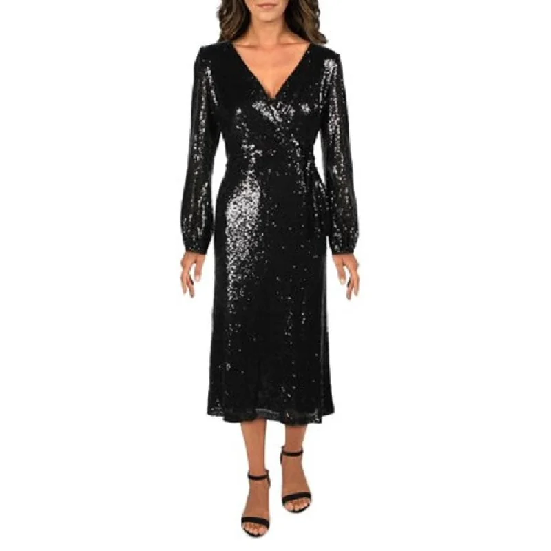 Ralph Lauren Women's Rebekah Sequined Faux Wrap Midi Dress Black Size 10 Sequin A-line Dress