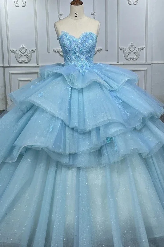 Romantic Princess Sleeveless Quinceanera Dresses Ruffle Strapless Sequins Ball Gown Sequin Dress Style