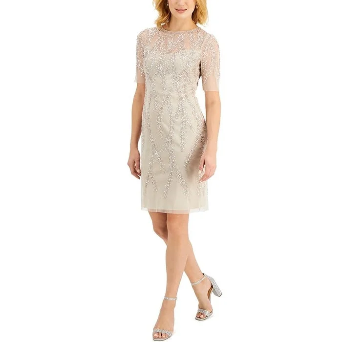 Adrianna Papell Women's Sequin Elbow Sleeve Dress Beige Size 0 Sequin Dress Glamour