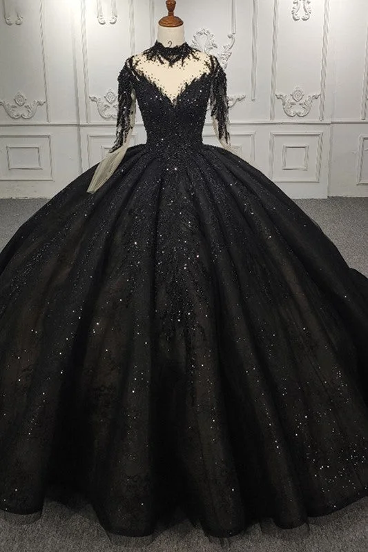 Exquisite Sequined Black Ball Gown Long Sleeves Beading Long Prom Dresses Sequin Dress Trend