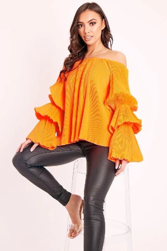 Orange Plisse Fabric Structured Sleeve Blouse - Loraina