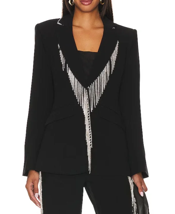 Cinq a Sept Women Rhinestone Fringe Embroidered Cheyenne Blazer Black Structured Blazer Look