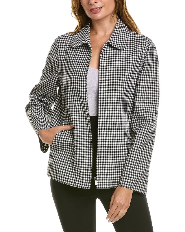 Michael Kors Gingham Wool Zip-Up Single Button Blazer