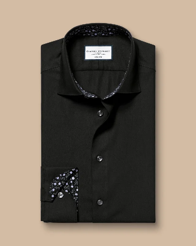 Semi Cutaway Collar Non-Iron Twill Printed Trim Extra Slim Fit Shirt Black