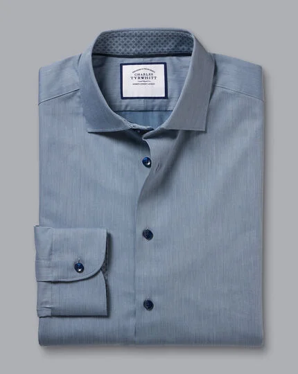 Semi-Cutaway Collar Twill Slim Fit Shirt with Printed Trim - Steel Blue