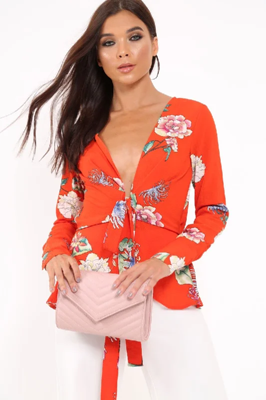 Orange Floral Plunge Tie Front Shirt - Halina