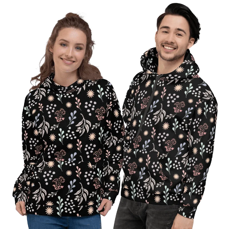 Bohemian Christy Floral Botanical Pattern Unisex Hoodie - Black Comfy Sweatshirts for Fall