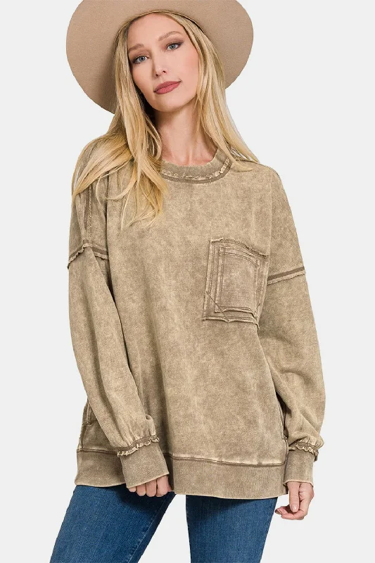 Zenana Exposed Seam Round Neck Dropped Shoulder Sweatshirt In Mocha Casual Pullover Hoodies