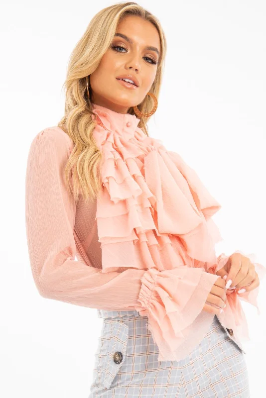 Peach Crepe Ruffle High Neck Shirt - Honey