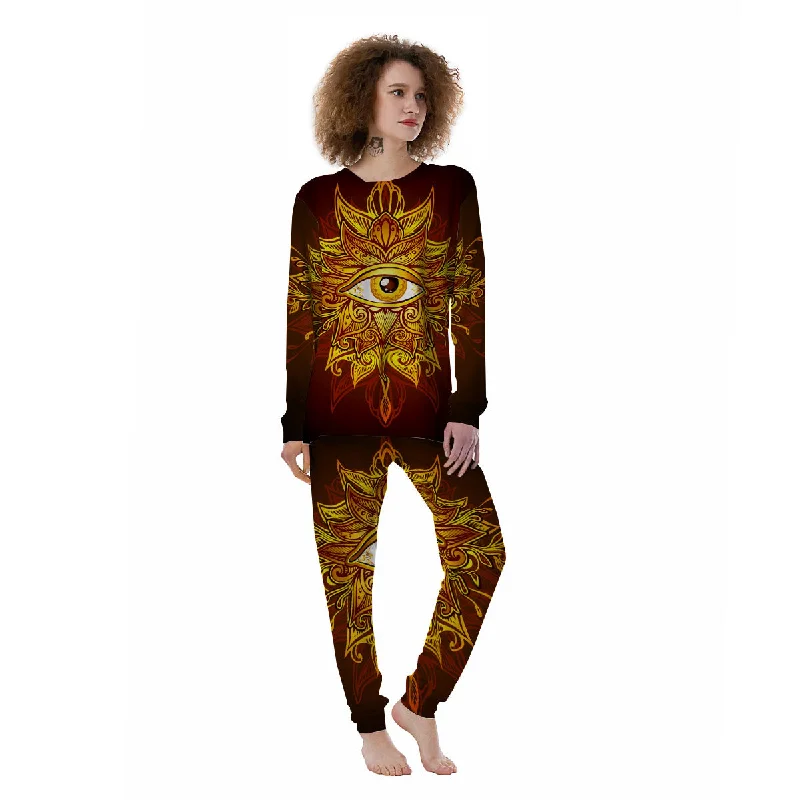 All Seeing Eye Gold Print Women's Pajamas Matching couple pajama sets