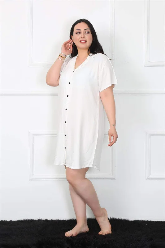 Large Size Woven Buttoned White Tunic Nightgown 1022 Button-up pajama sets