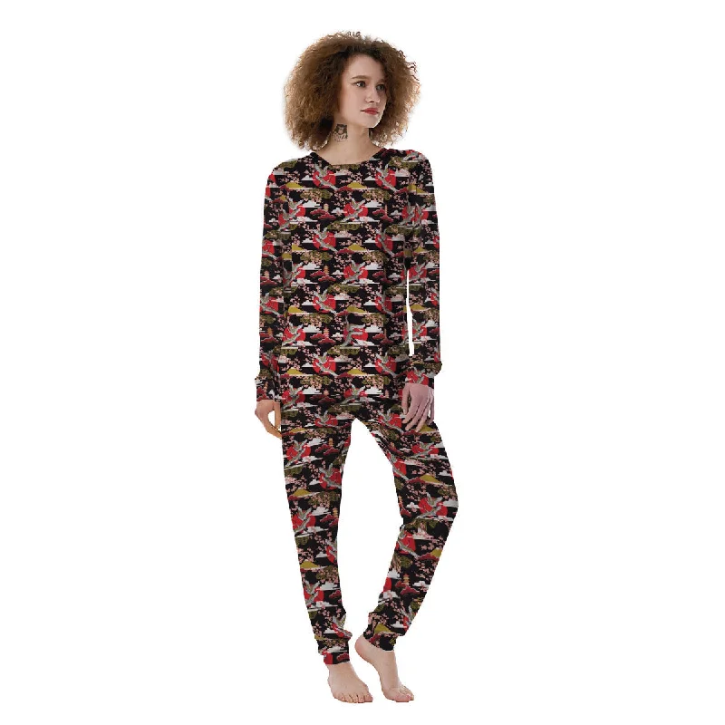 Traditional Japanese Print Pattern Women's Pajamas Silk pajama sets