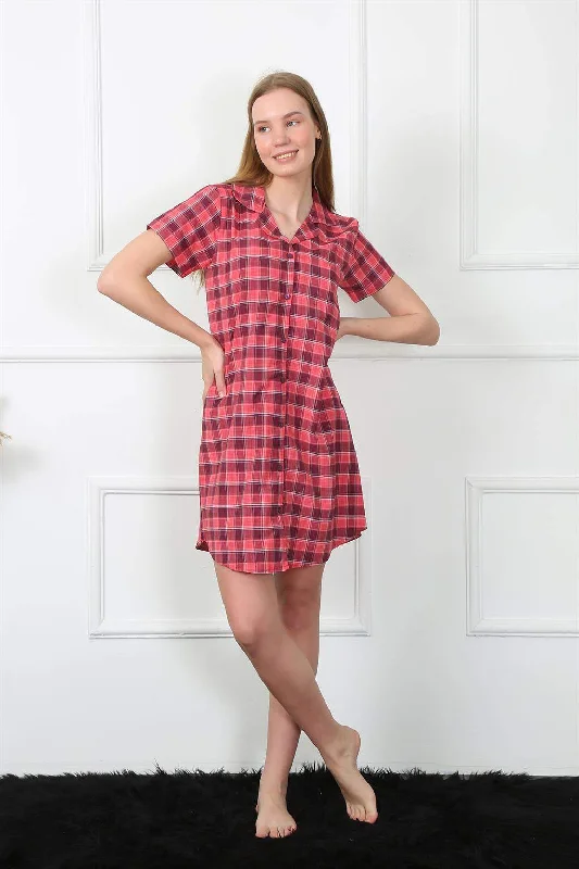 Women's Woven Fabric Front Buttoned Red Tunic Nightgown 1030 Plus size pajama sets