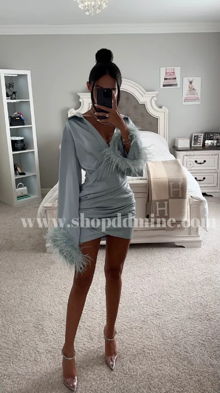 JENNA PALE BLUE LONG SLEEVE FEATHER ROBE MINI DRESS Satin mini dresses