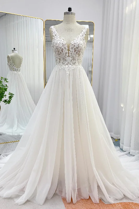 A-Line Court Train Lace Tulle Wedding Dress CW3262 Sexy Satin Gown