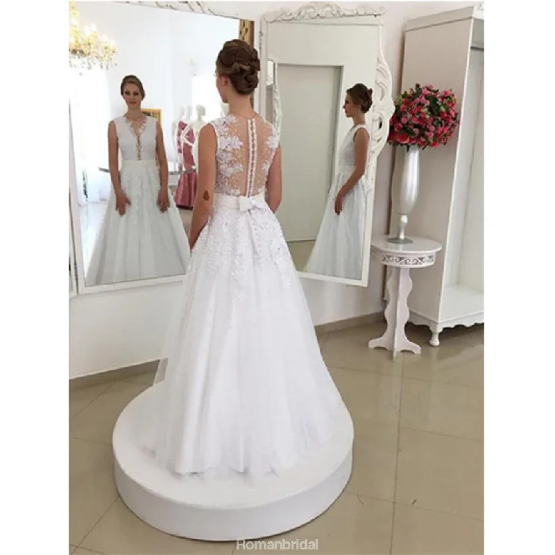 A-line Floor-length Appliques Deep V-neck Sleeveless Wedding Dresses, WD0413 Elegant A-line Gown