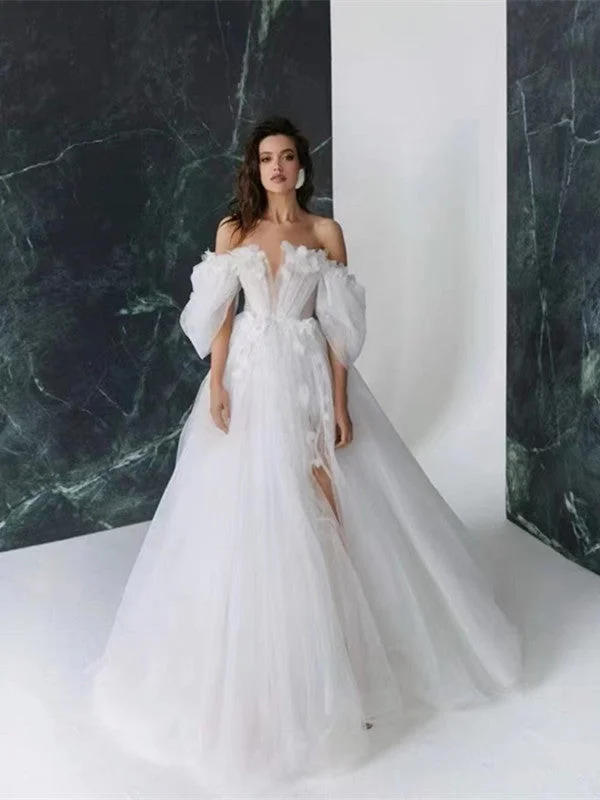 A-line Tulle Long Wedding Dresses, Appliques Off The Shoulder Bridal Gowns, Wedding Dresses Wedding Dress Set