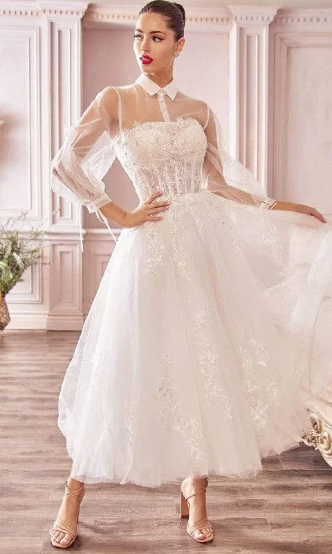 Andrea and Leo - A1016 Collared Illusion Neckline Cocktail Length Bridal Dress - 1 pc Off White In Size 16 Available Empire Waist Gown