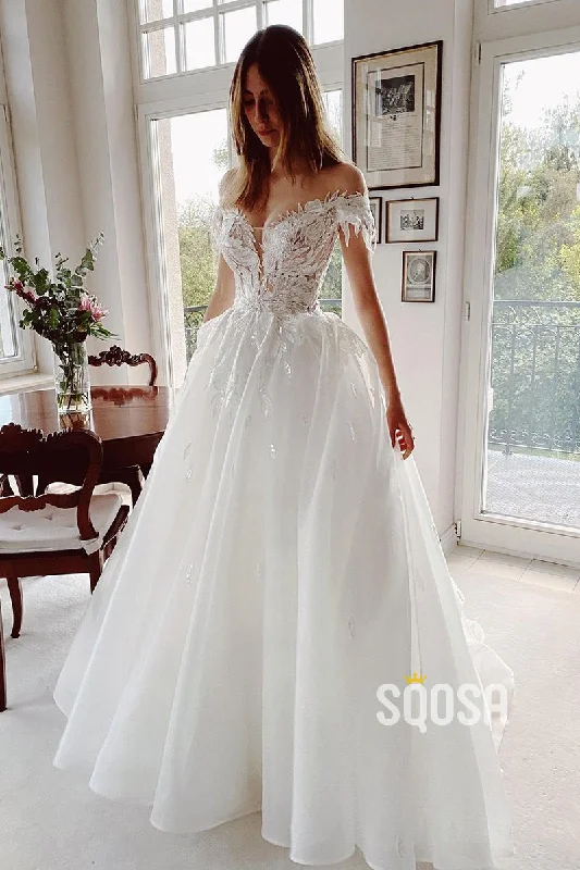 Off Shoulder 3D Applique A-line Rustic Wedding Dresses Bridal Gown QW0825 Sparkling Wedding Dress