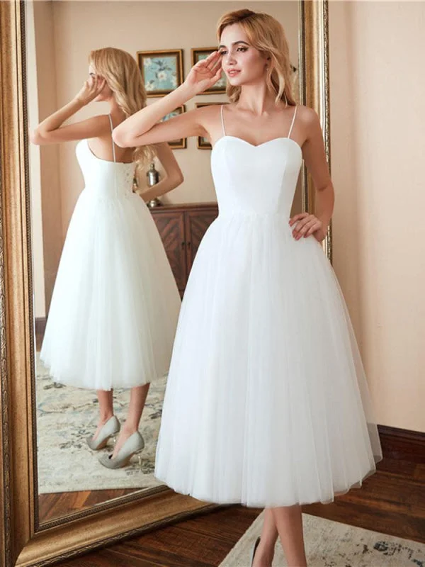 Spaghetti-Strap Lace-Up Tulle Short Wedding Dresses White Lace Gown