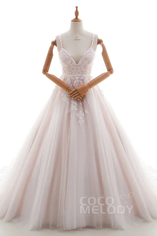 A-Line Chapel Train Lace and Tulle Wedding Dress LD4515 Sheer Wedding Dress