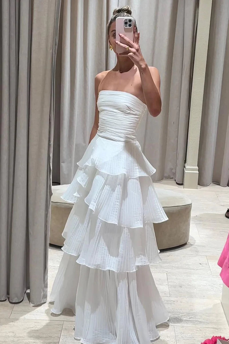 Cute A-Line Srapless Tiered Wedding Dresses Long Prom Dress Elegant Bridal Gown