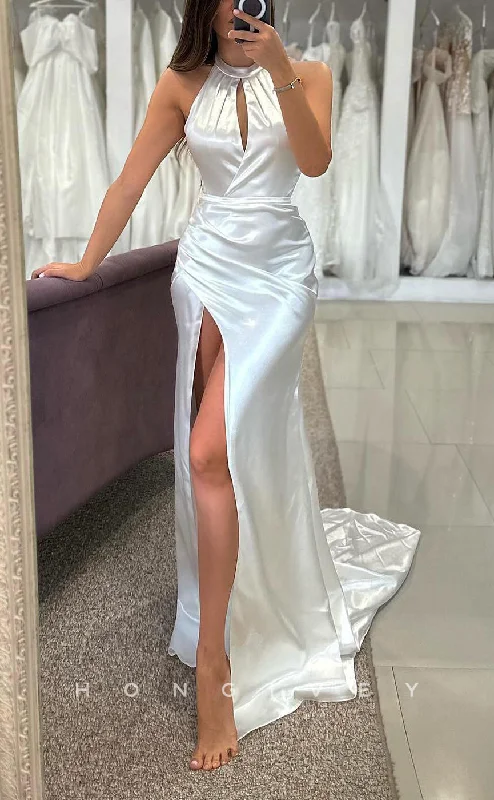 H1681 - Satin Fitted High Neck Sleeveless  With Side Slit Train Wedding Dress Mermaid Wedding Gown