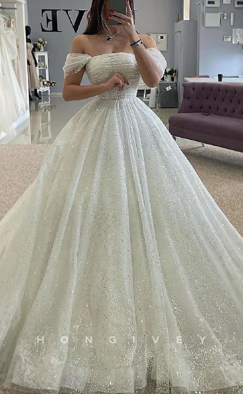 H1683 - A-Line Detachable Off-Shoulder Empire Glitter Tulle Wedding Dress Full Skirt Gown