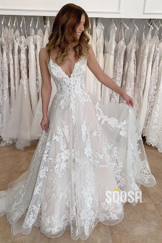 A-line V-neck Tulle Appliques Rustic Wedding Dress QW2698 Tiered Wedding Dress