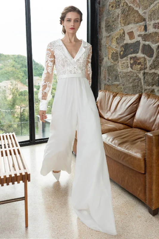 Floor Length Chiffon Tulle Wedding Jumpsuit CW2351 Floral Wedding Gown