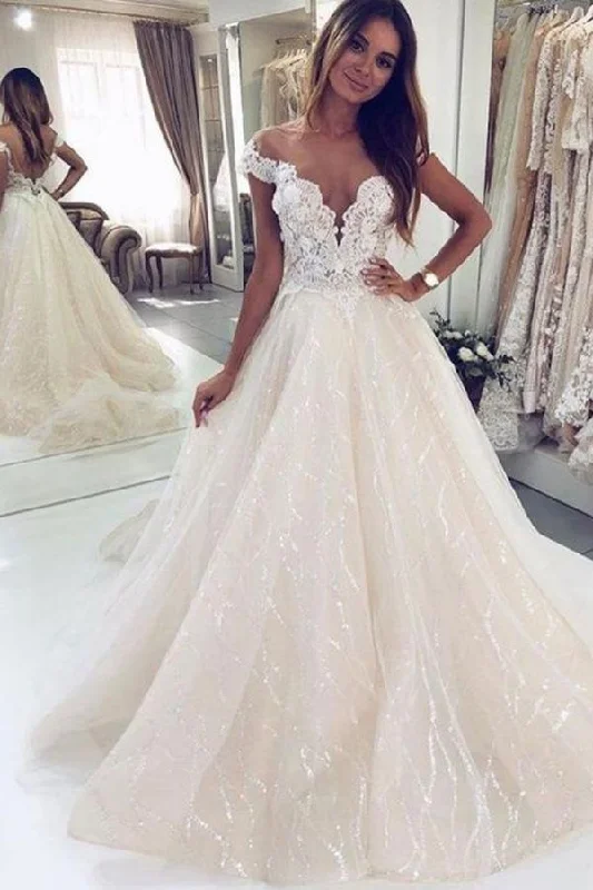 Long A-Line Tulle Open Back Wedding Dress with Off-the-Shoulder Strapless Lace Dress