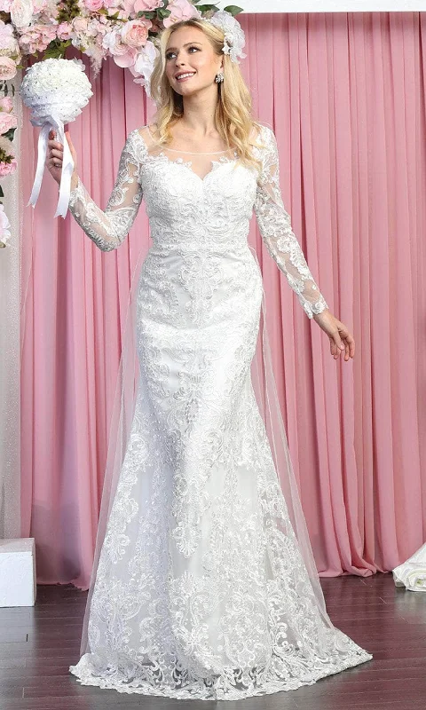 May Queen RQ7894 - Long Sleeves Bateau Neckline Wedding Dress Sheer Wedding Dress