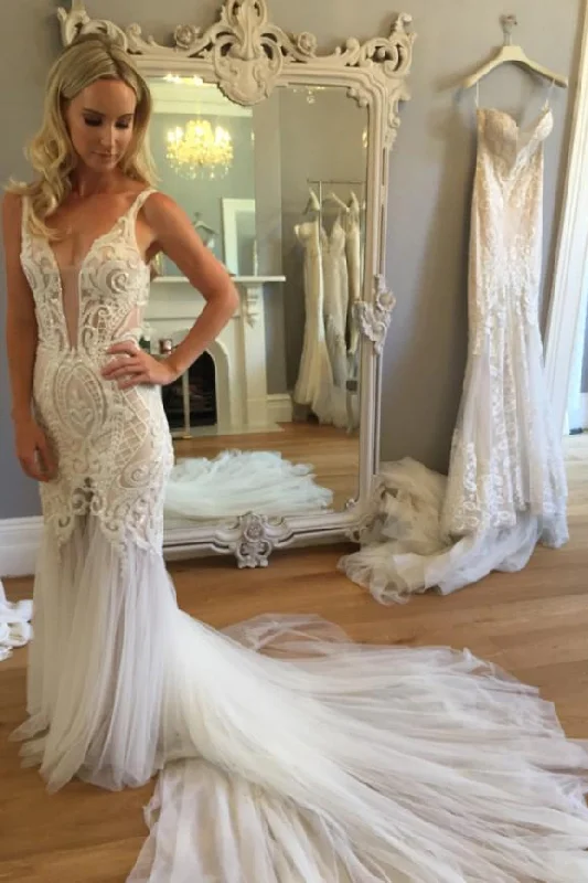 Mermaid Lace Deep V-neck Sleeveless Long Tulle Beach Wedding Dress Bridal Gown N527 Mermaid Style Gown