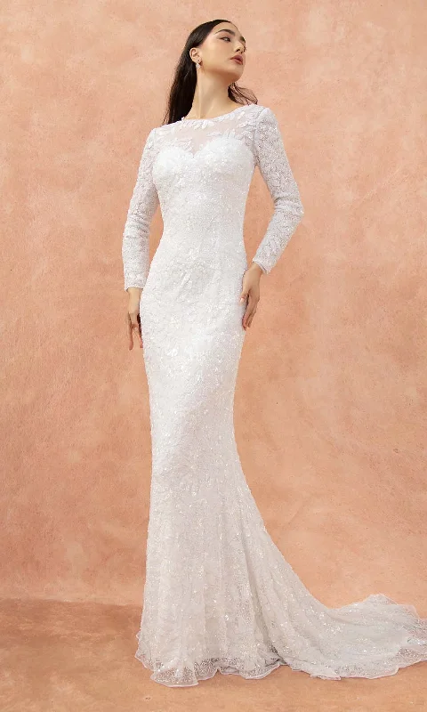 Primavera Bridal - 11034 Sheer Long Sleeve Beaded Illusion Bateau Neckline Bridal Gown Full Skirt Gown