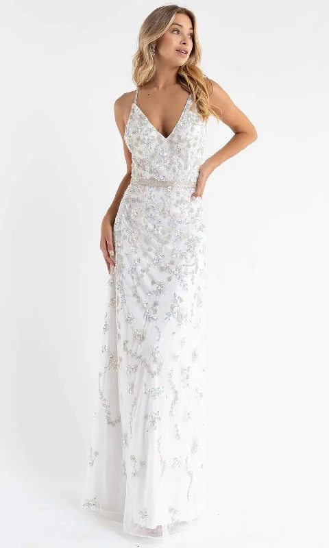 Primavera Couture - 3772 Floral Beaded Spaghetti Strap Long Dress White Lace Gown