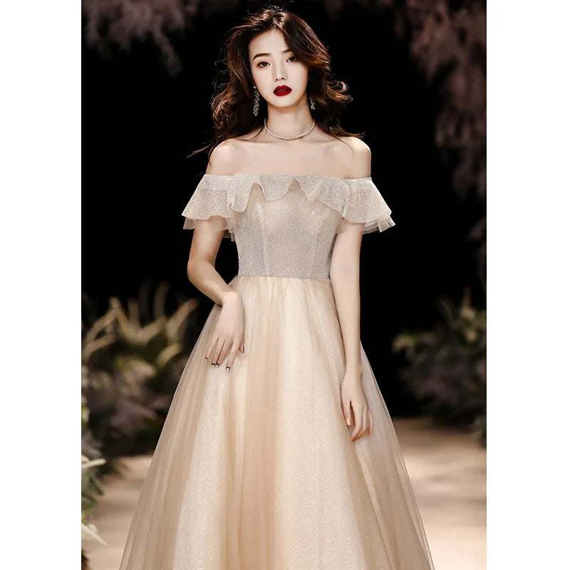 مجموعة أروين ARWEN & AJH GROUP   New birthday party temperament champagne off-shoulder party long  luxury evening dresses Beaded Wedding Gown