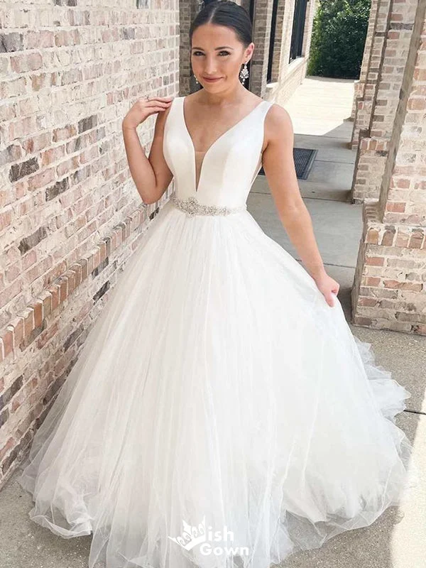 Simple Straps V Neck Sleeveless With Trailing Popular Bridal Long Wedding Dresses, WDH139 Luxury Lace Gown