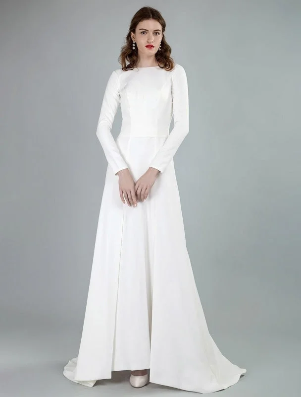 Simple Wedding Dress Lycra Spandex Bateau Neck Long Sleeves Split Front A Line Bridal Dresses Exclusive Princess Bridal Dress