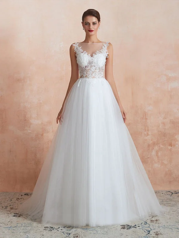 Wedding Dress 2021 A Line Sleeveless Lace Floor Length Tulle Bridal Gowns With Train Wedding Gown Set