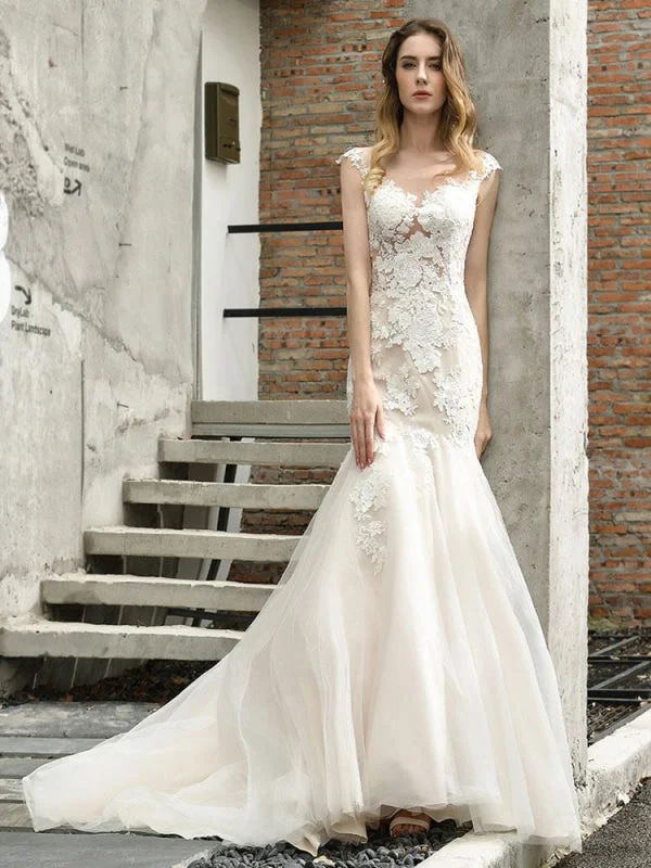 Wedding Dress Jewel Neck Sleeveless Natural Waist Lace Bridal Mermaid Dress With Train Silk Wedding Gown