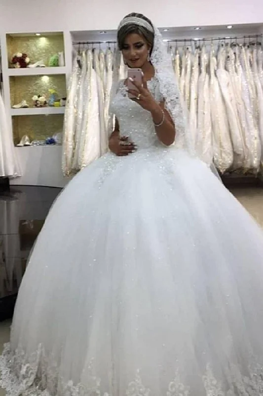 White Short Sleeve Ball Gown Wedding Dress with Lace Sparkling Bridal Gown