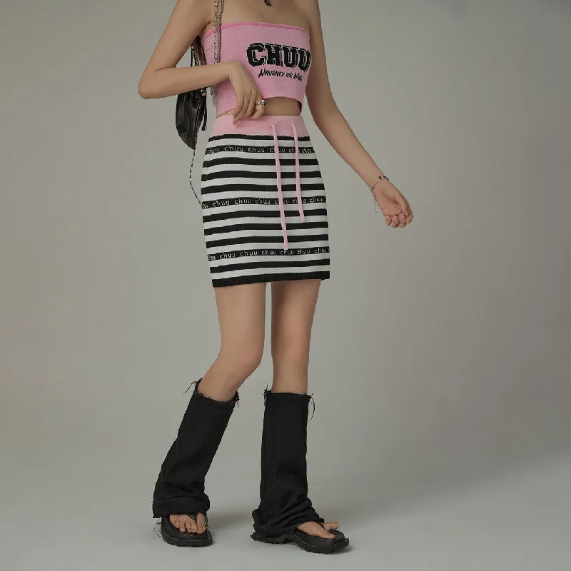 Color Banded String Chuu Lettering Striped Skirt Asymmetrical unclassified skirts