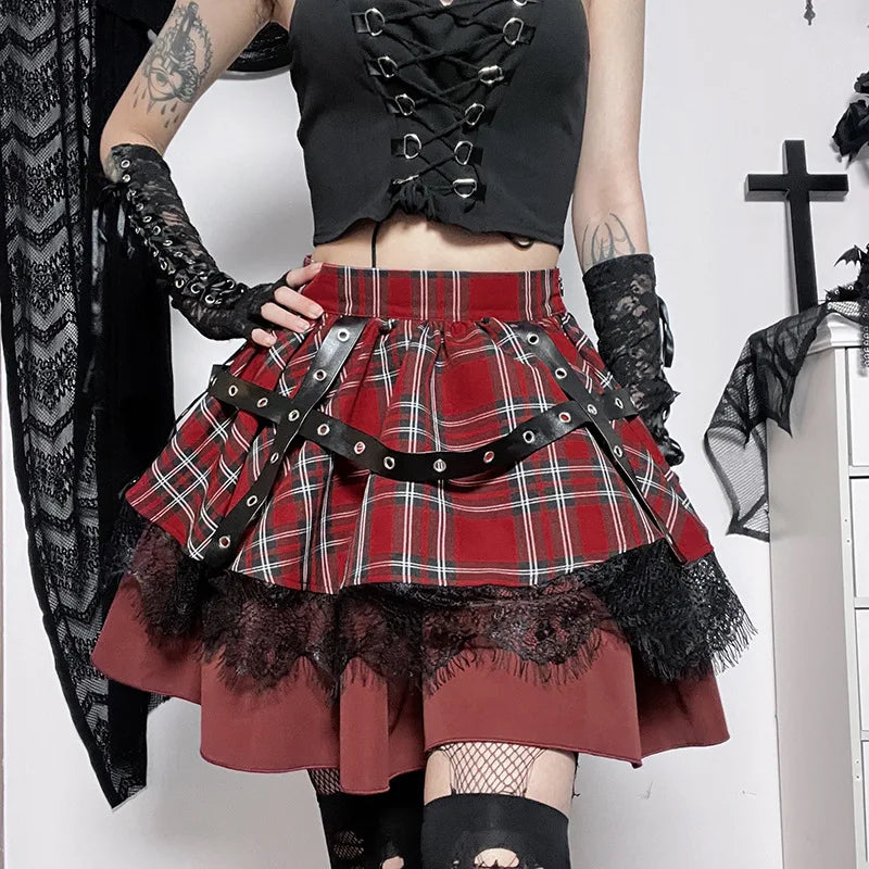 Gothic Harajuku Girls Plaid Pleated Sweet Lace Kawaii Y2k Costume Skirt Sequin unclassified skirts