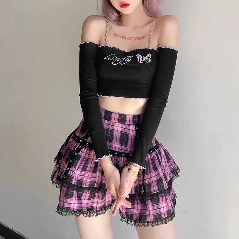 Lolita Cake Gothic Japanese Harajuku Purple Pink Plaid Pleated Skirt Festival unclassified skirts