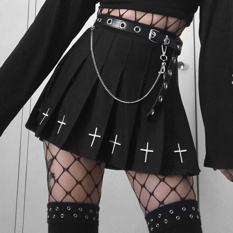 Black High Waist Pleated Vintage Gothic Streetwear Cross Print Skirt High-low unclassified skirts