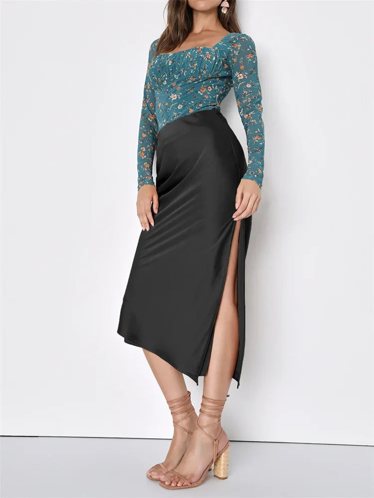 Satin High-Waist Slim Side-Split Patchwork Skirt Bottomt Trendy unclassified skirts