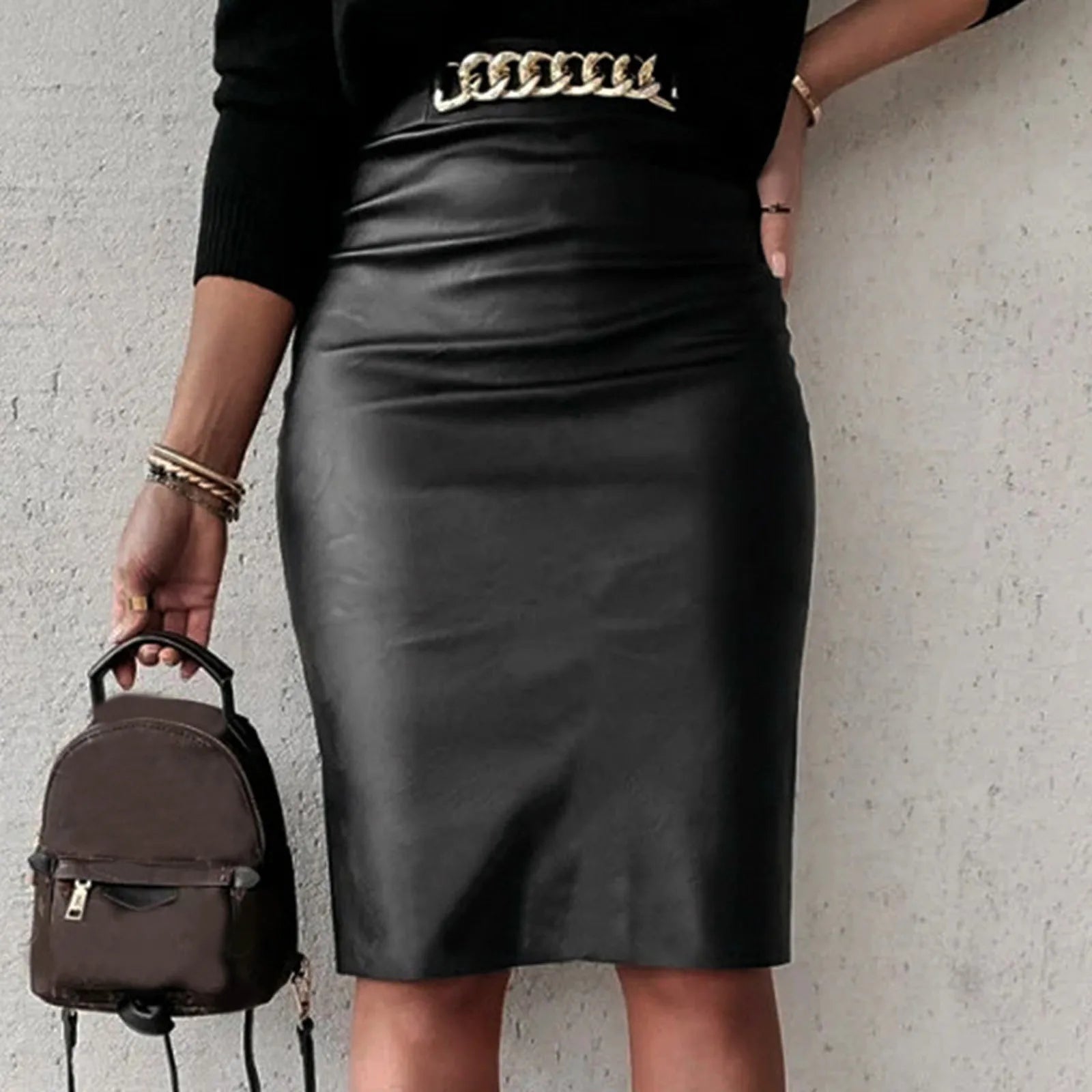 Sexy Package Hip Pu Leather Knee-Length Skirt Bottom for Women Metallic unclassified skirts